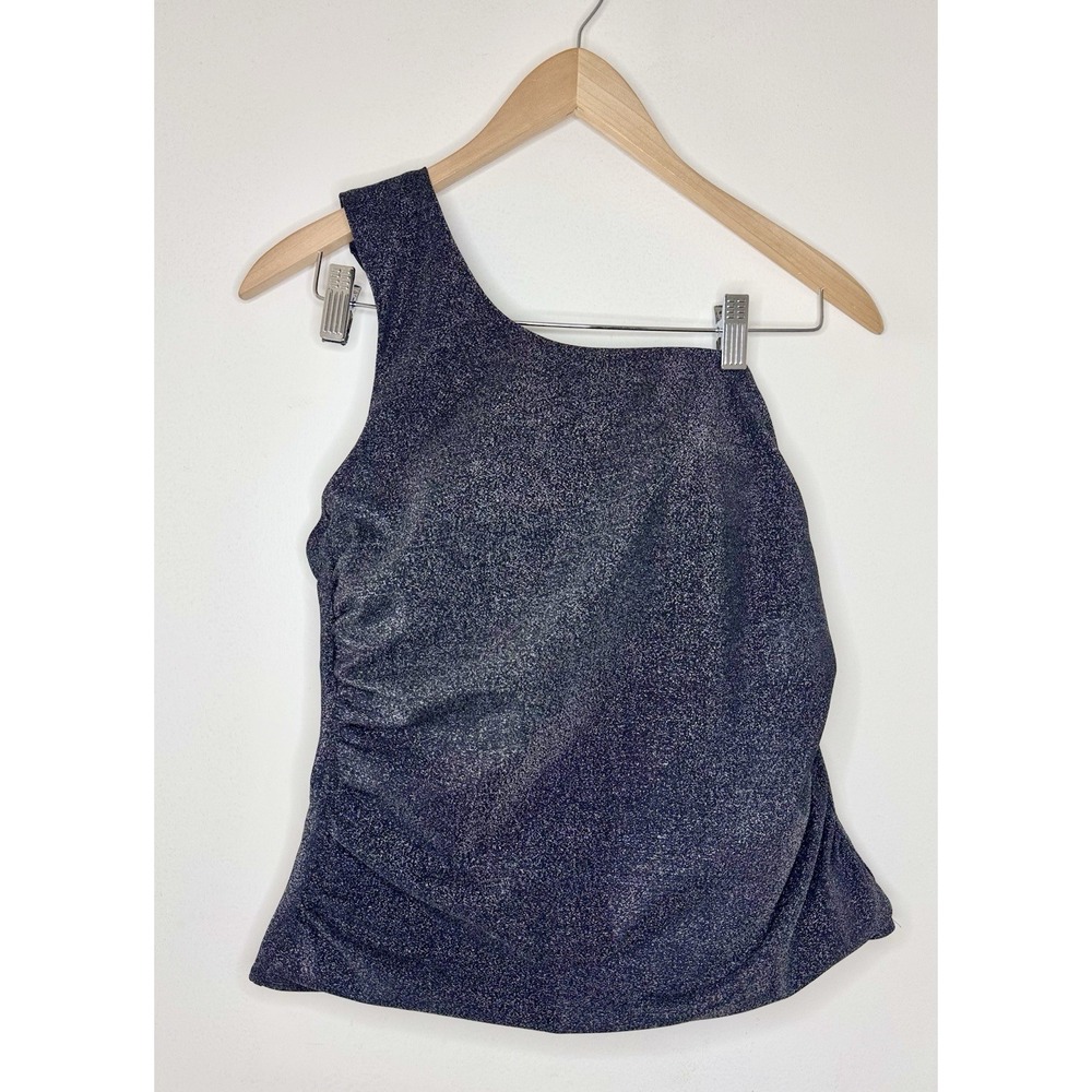 Lands End Women's Tankini Swimsuit One Shoulder Gray Shimmer 8 D Cup High Waist